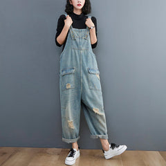 Spring Women Retro Loose Patchwork Ripped Denim Jumpsuit