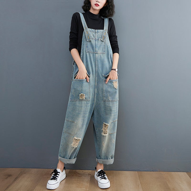 Spring Women Retro Loose Patchwork Ripped Denim Jumpsuit