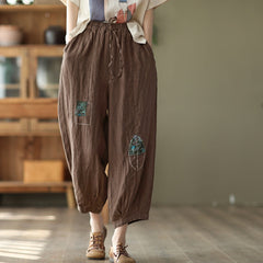 Spring Women Retro Patchwork Loose Linen Pants