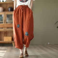 Spring Women Retro Patchwork Loose Linen Pants