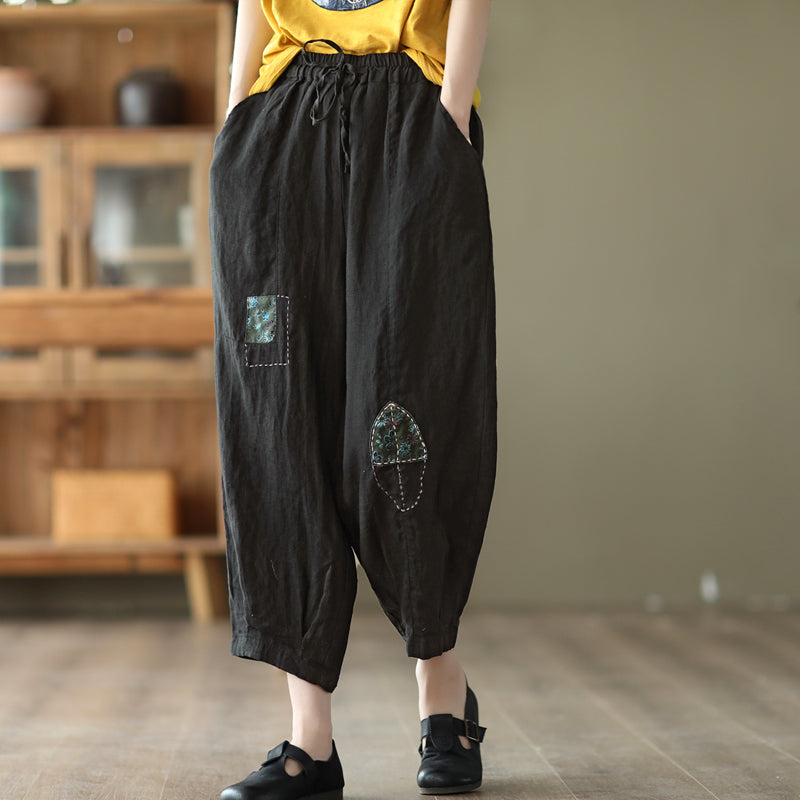 Spring Women Retro Patchwork Loose Linen Pants