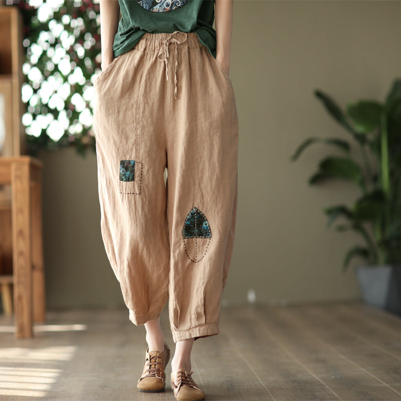 Spring Women Retro Patchwork Loose Linen Pants