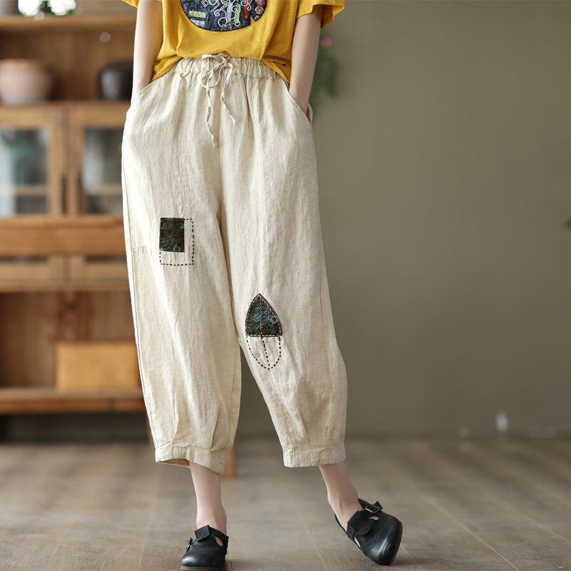 Spring Women Retro Patchwork Loose Linen Pants