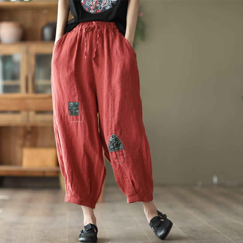 Spring Women Retro Patchwork Loose Linen Pants