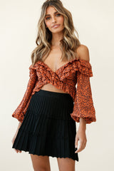 Rosarito Long Balloon Sleeve Halterneck Crop Top Leaf Print Tan