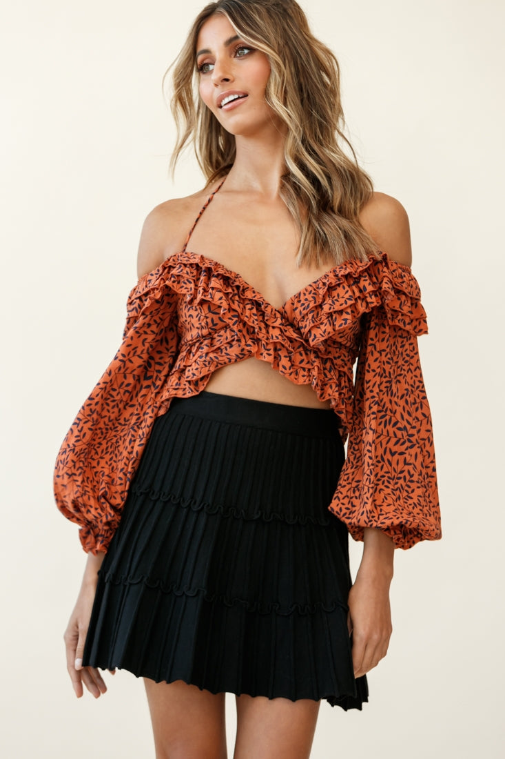 Rosarito Long Balloon Sleeve Halterneck Crop Top Leaf Print Tan