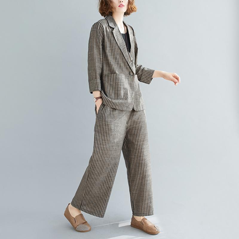 Cotton Linen Striped Jacket And Two-piece Suit