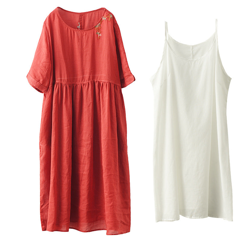 Summer 2 Pieces Floral Embroidery Linen Dresses Set