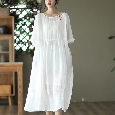 Summer 2 Pieces Floral Embroidery Linen Dresses Set