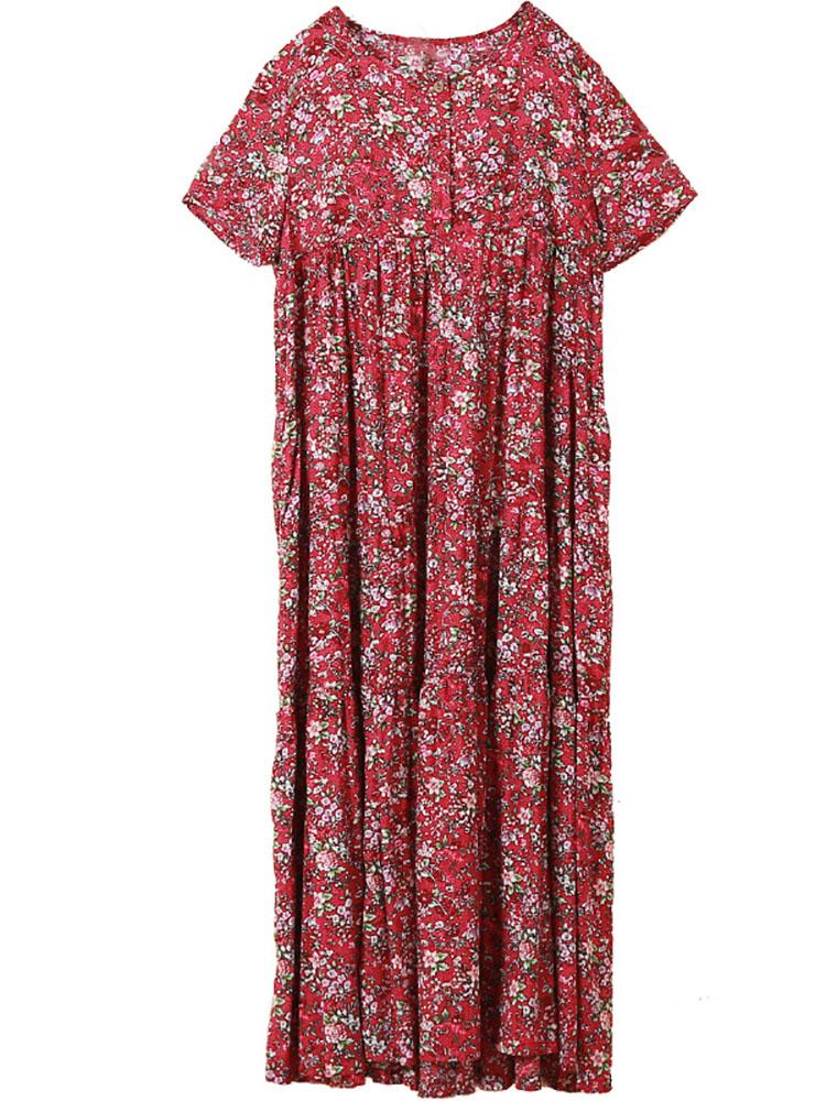 Summer Boho Floral Loose Cotton Linen Dress