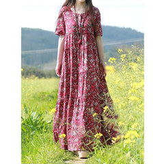 Summer Boho Floral Loose Cotton Linen Dress