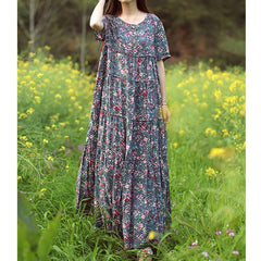 Summer Boho Floral Loose Cotton Linen Dress