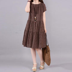 Summer Causal Embroidery Hollow Cotton Linen Midi Dress