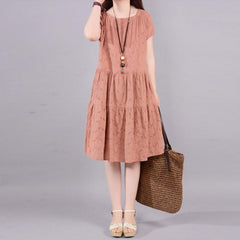 Summer Causal Embroidery Hollow Cotton Linen Midi Dress