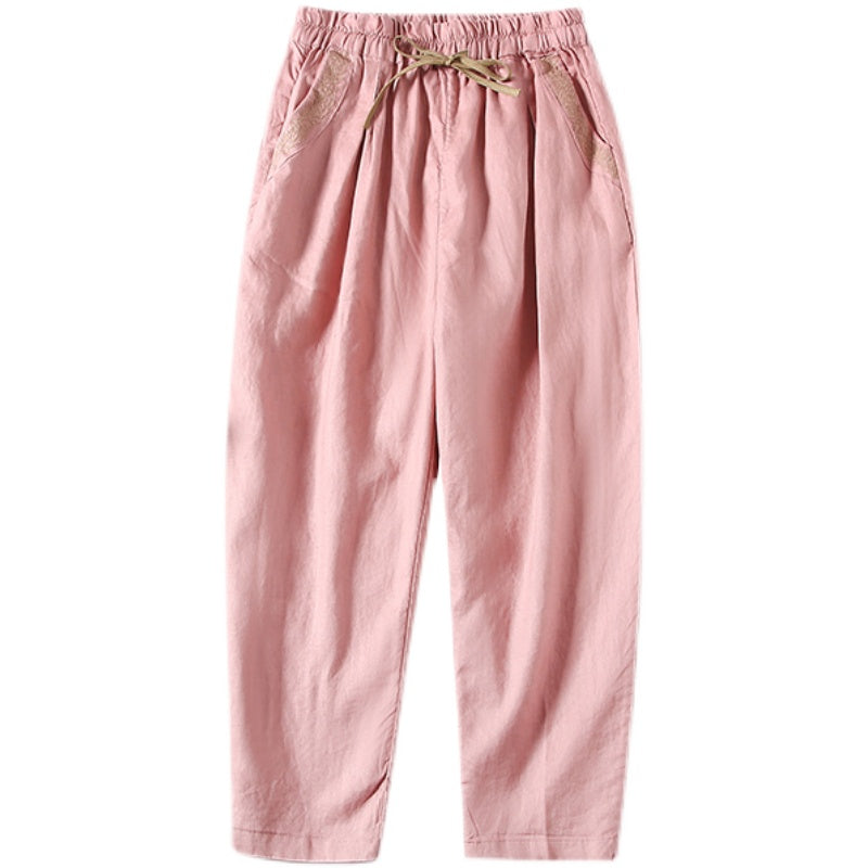 Summer Cotton Linen Floral Trim Pockets Pants