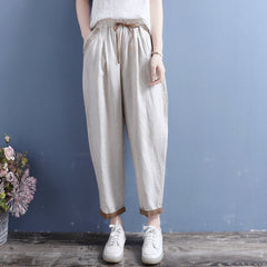 Summer Cotton Linen Floral Trim Pockets Pants