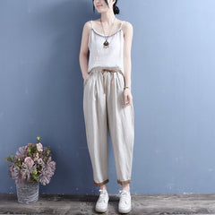 Summer Cotton Linen Floral Trim Pockets Pants