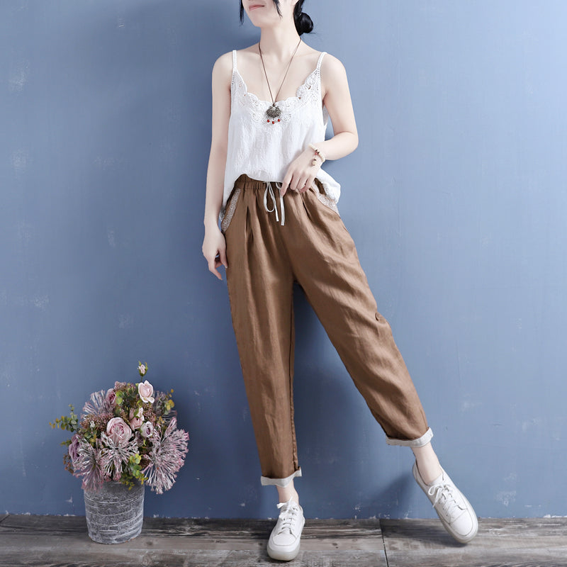 Summer Cotton Linen Floral Trim Pockets Pants