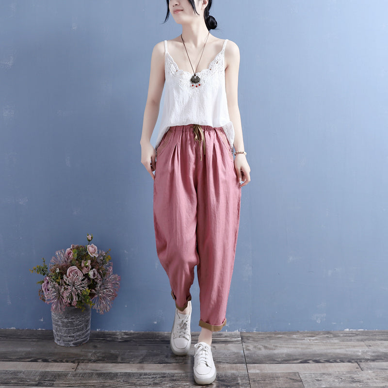 Summer Cotton Linen Floral Trim Pockets Pants