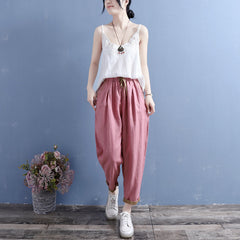 Summer Cotton Linen Floral Trim Pockets Pants