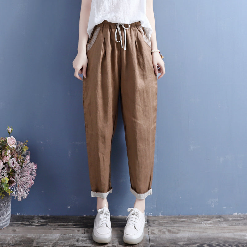 Summer Cotton Linen Floral Trim Pockets Pants