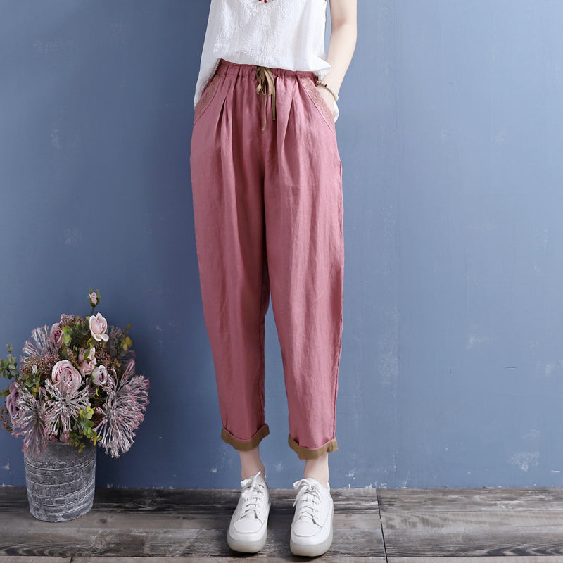 Summer Cotton Linen Floral Trim Pockets Pants