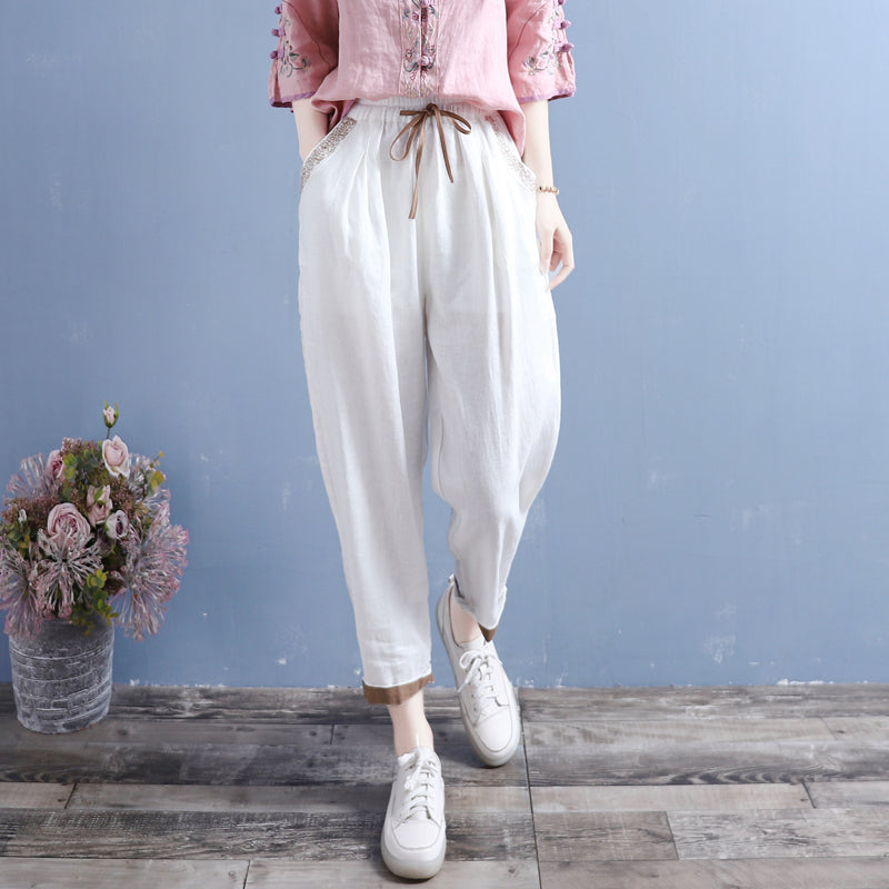 Summer Cotton Linen Floral Trim Pockets Pants