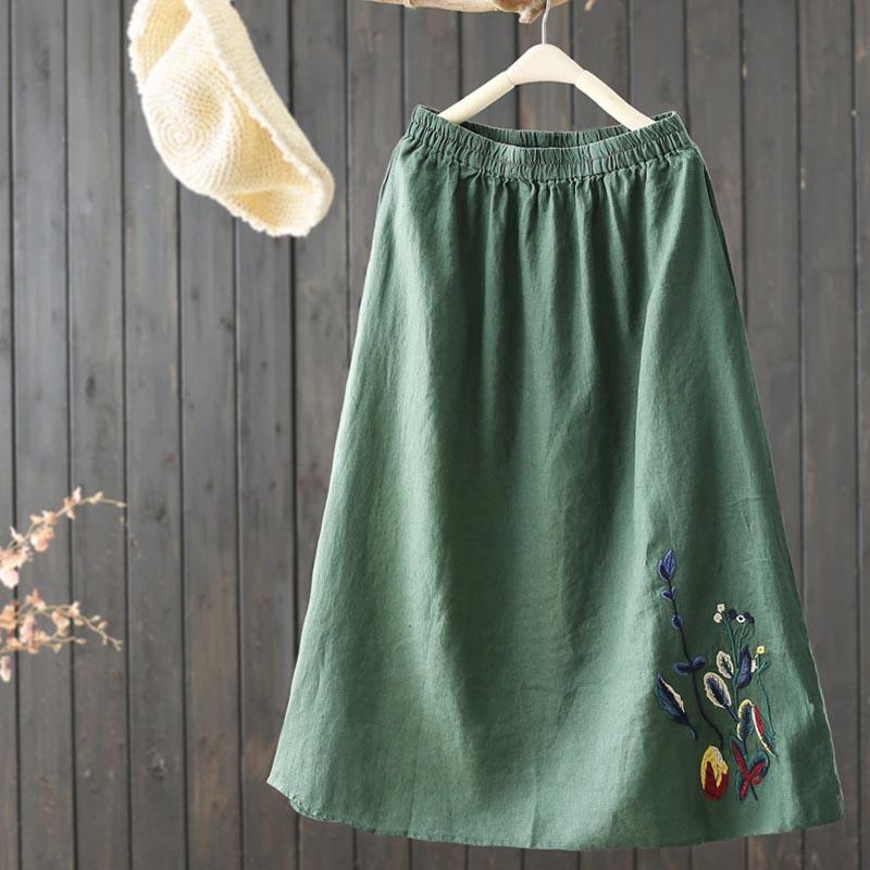 Summer Embroidery Cotton Linen A-Line Skirt