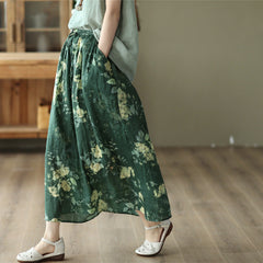 Summer Floral Printed Linen A-Line Double Layers Skirt