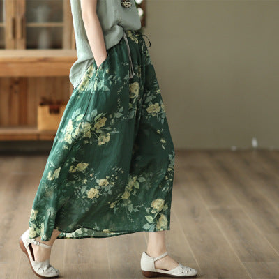 Summer Floral Printed Linen A-Line Double Layers Skirt