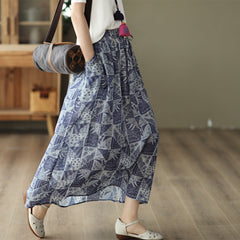 Summer Floral Printed Linen A-Line Double Layers Skirt