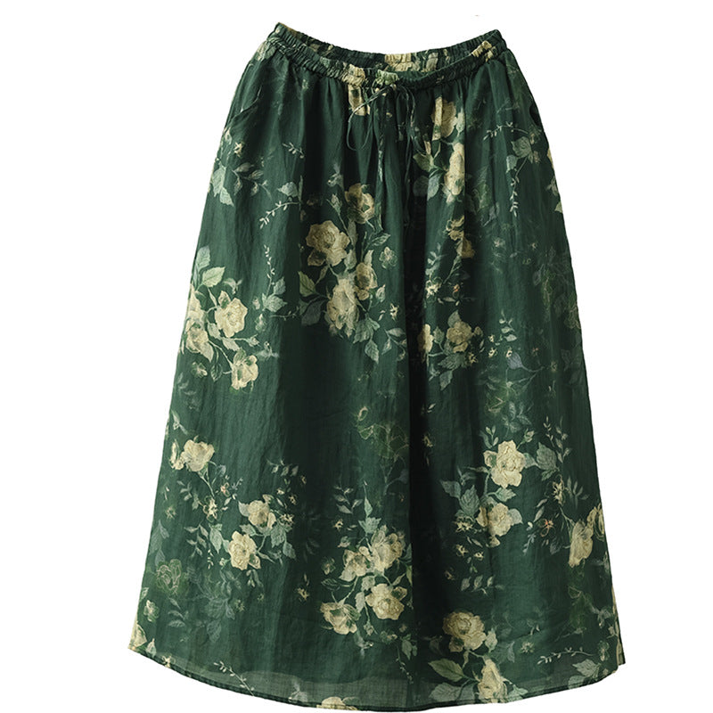 Summer Floral Printed Linen A-Line Double Layers Skirt