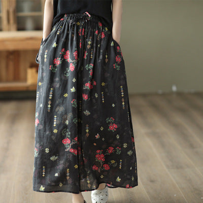 Summer Floral Printed Linen A-Line Double Layers Skirt