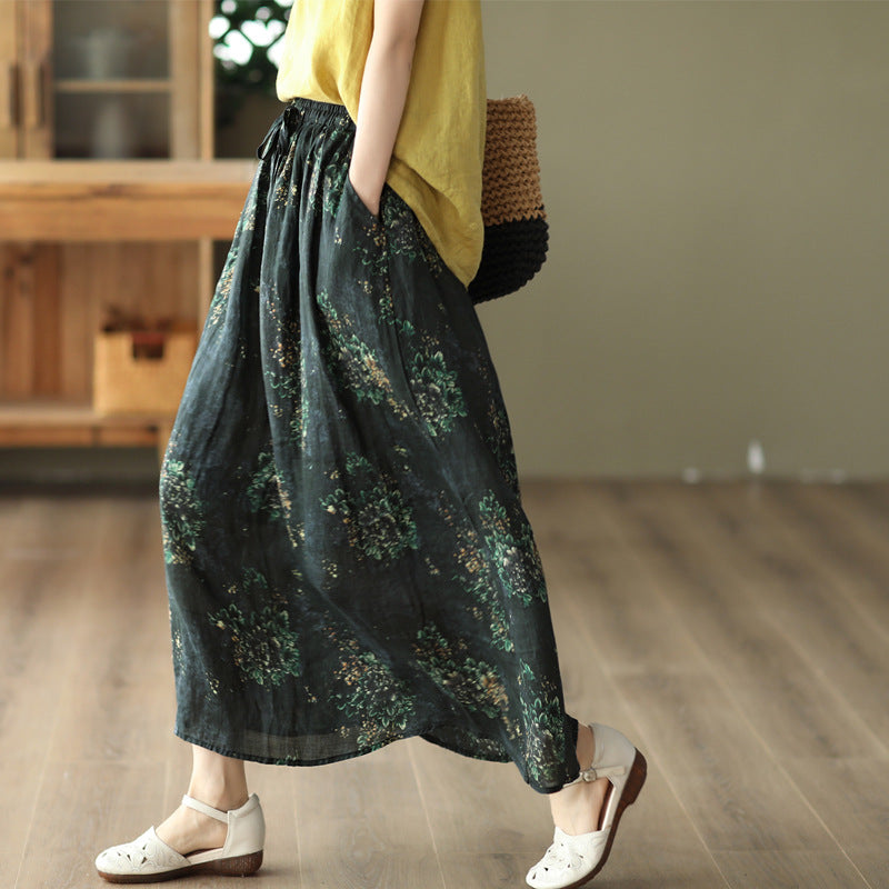 Summer Floral Printed Linen A-Line Double Layers Skirt