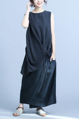 Summer Irregular Fake Two-Piece Sleeveless Silk Stitching Linen Dress