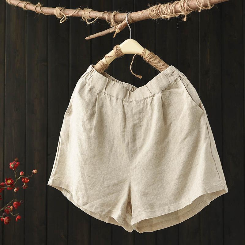 Summer Loose Elastic Waist Solid Linen Shorts