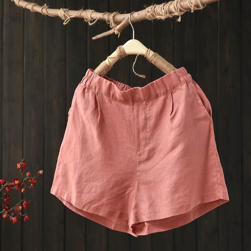 Summer Loose Elastic Waist Solid Linen Shorts