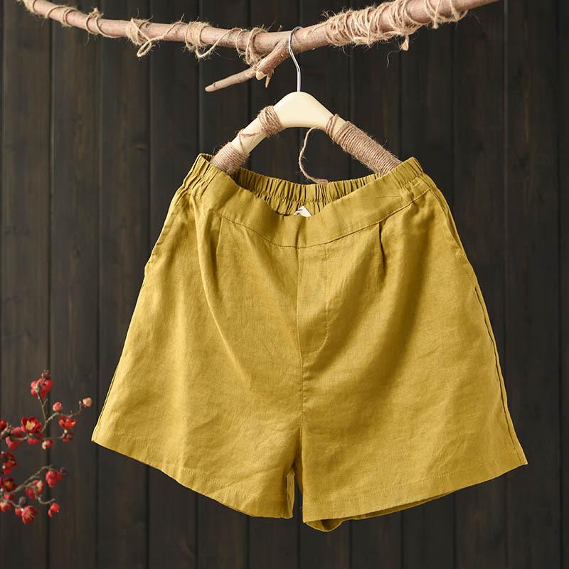 Summer Loose Elastic Waist Solid Linen Shorts