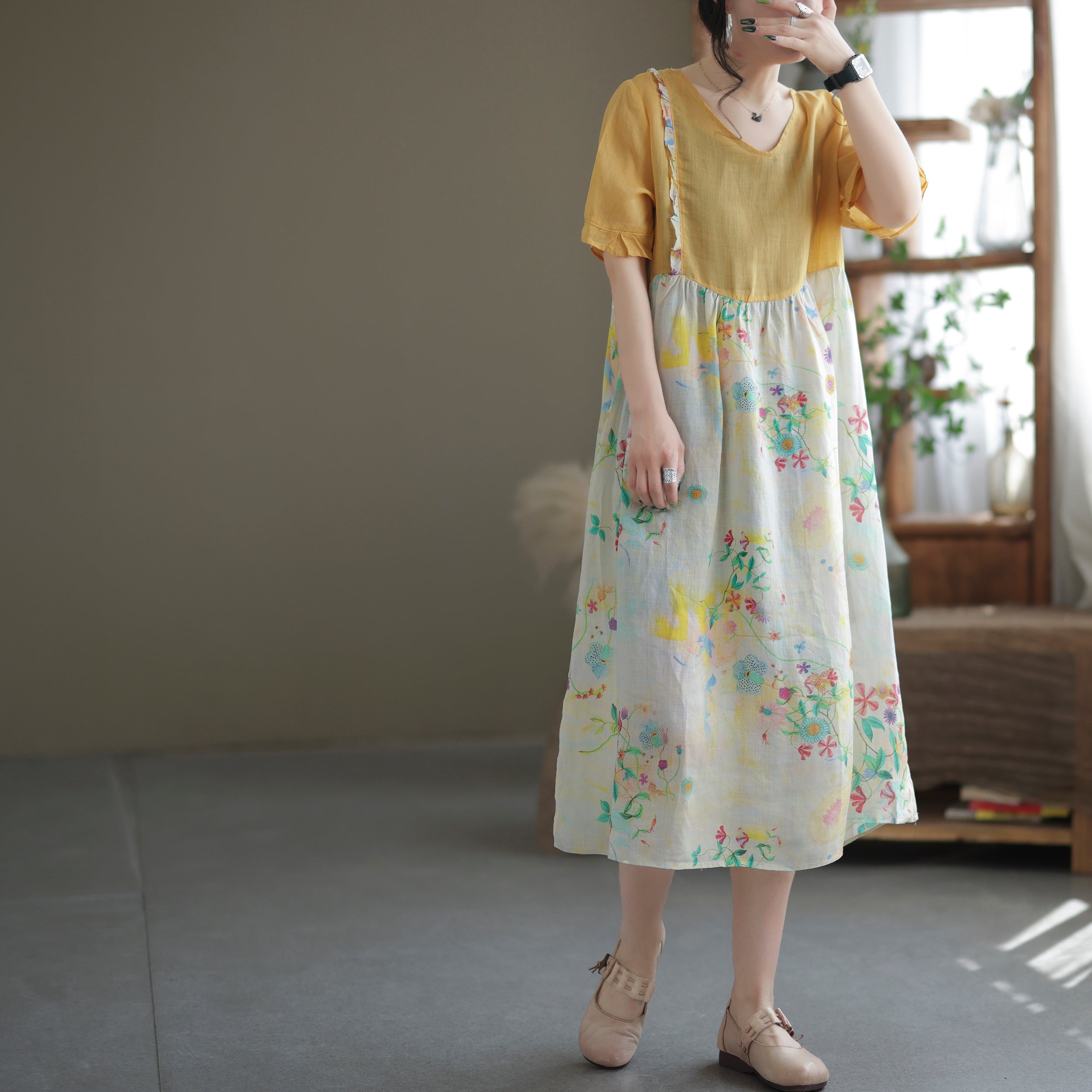 Summer Loose Patchwork Floral Printed A-Line Linen Dress