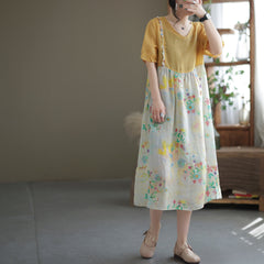 Summer Loose Patchwork Floral Printed A-Line Linen Dress