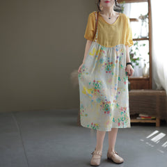 Summer Loose Patchwork Floral Printed A-Line Linen Dress