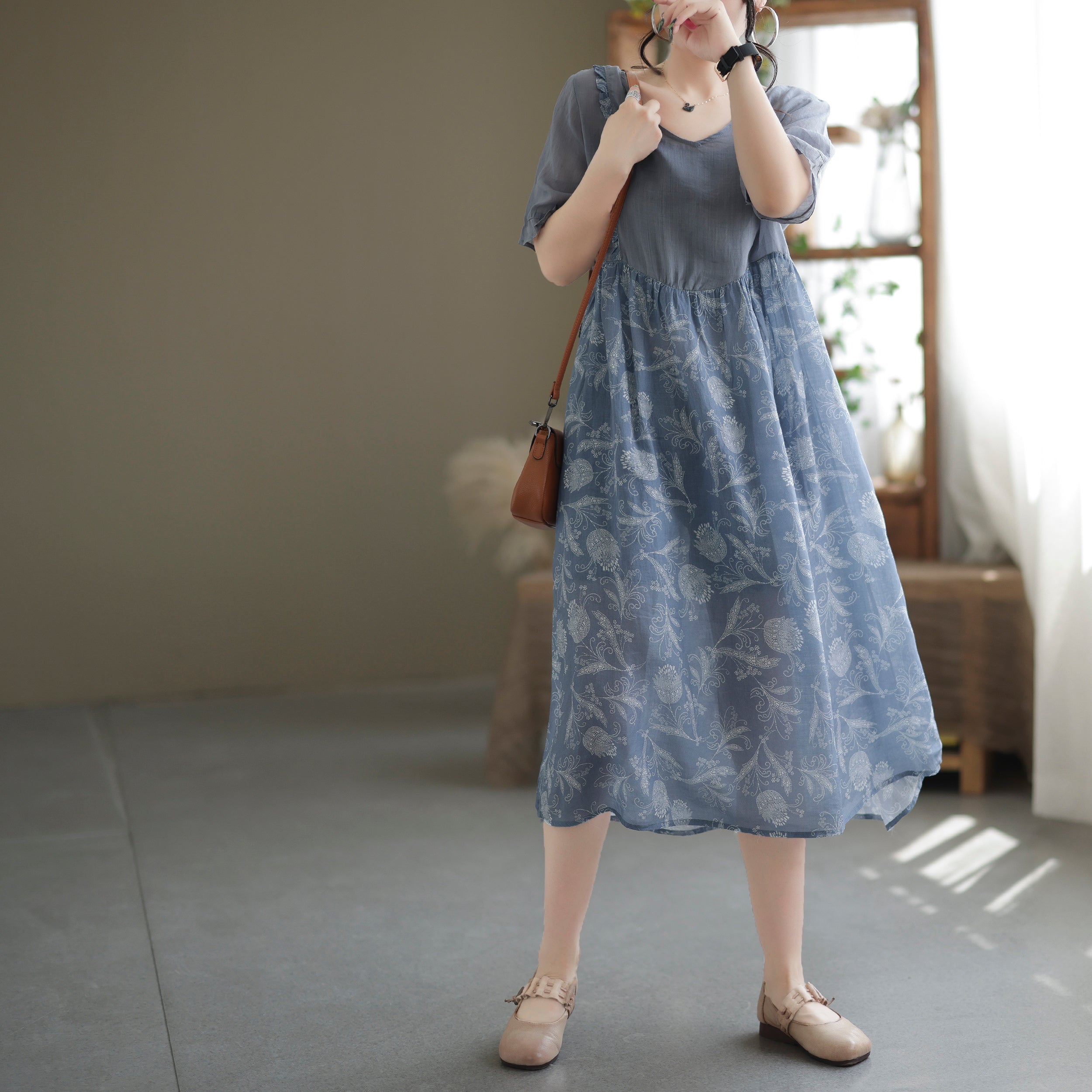 Summer Loose Patchwork Floral Printed A-Line Linen Dress