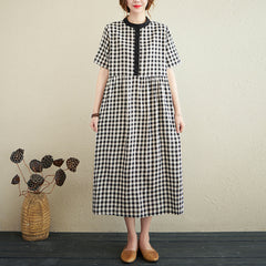 Summer Loose Retro Cotton Linen Plaid Dress