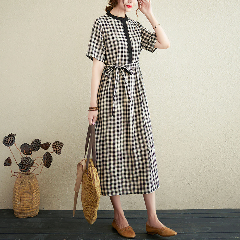 Summer Loose Retro Cotton Linen Plaid Dress