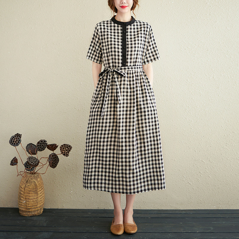 Summer Loose Retro Cotton Linen Plaid Dress