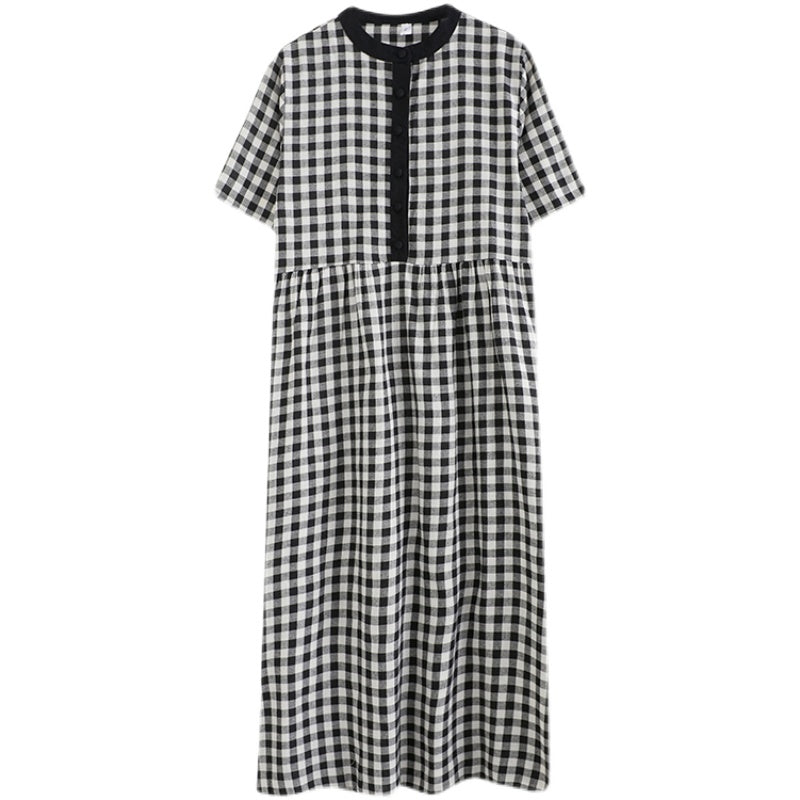 Summer Loose Retro Cotton Linen Plaid Dress