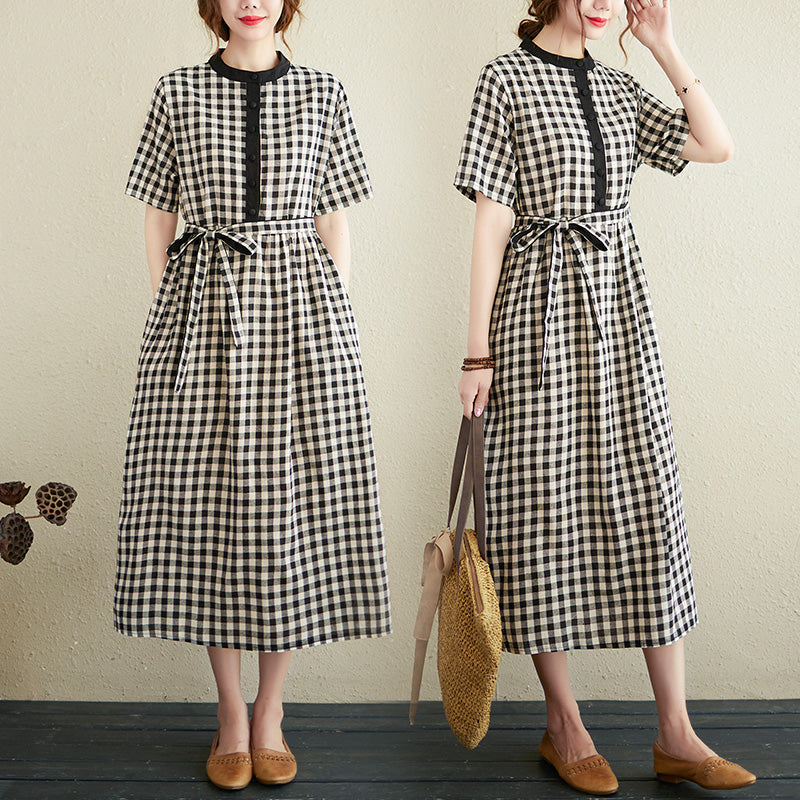 Summer Loose Retro Cotton Linen Plaid Dress