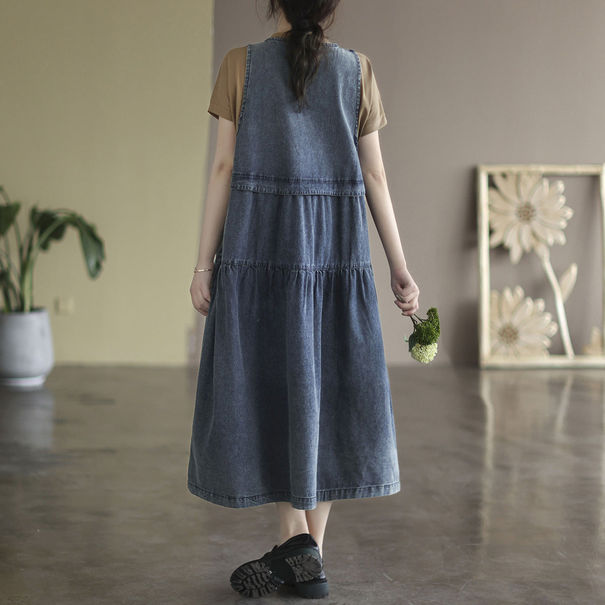 Summer Loose Sleeveless V-Neck Cotton Denim Dress