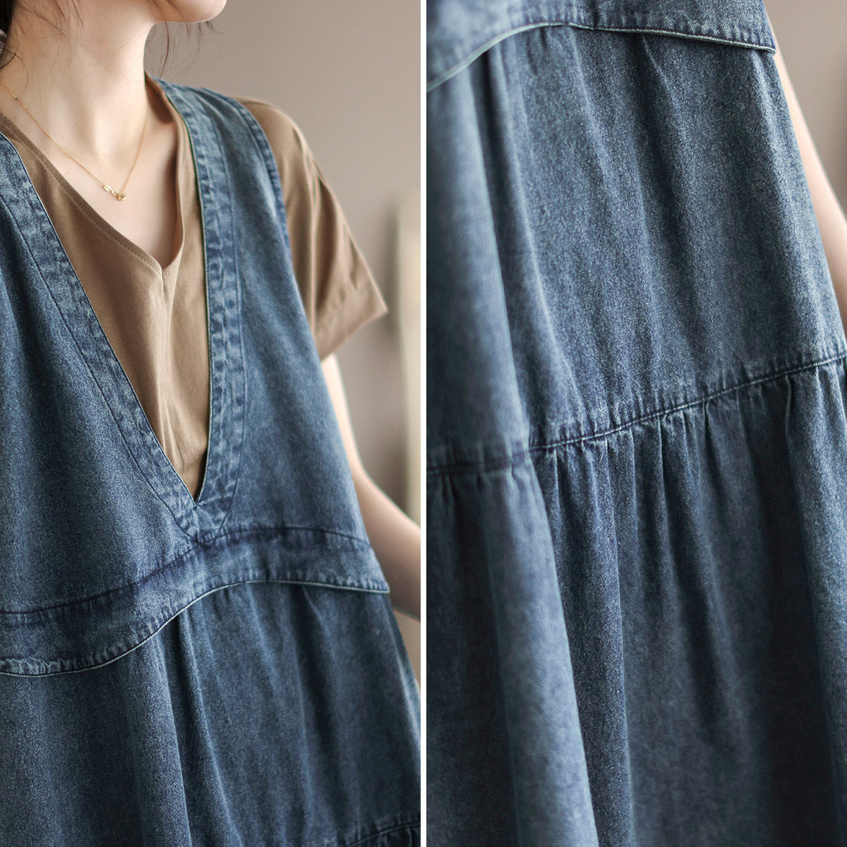 Summer Loose Sleeveless V-Neck Cotton Denim Dress