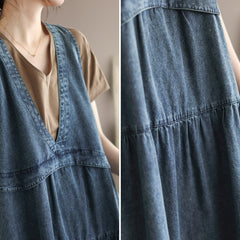 Summer Loose Sleeveless V-Neck Cotton Denim Dress